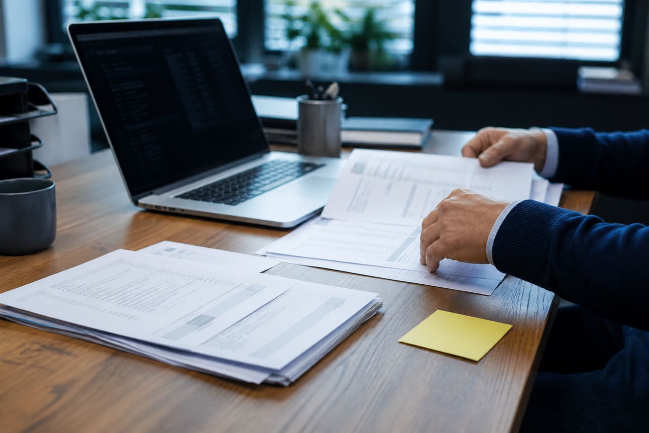 Ondernemer die documenten en terugkerend werk bespreekt aan een werktafel